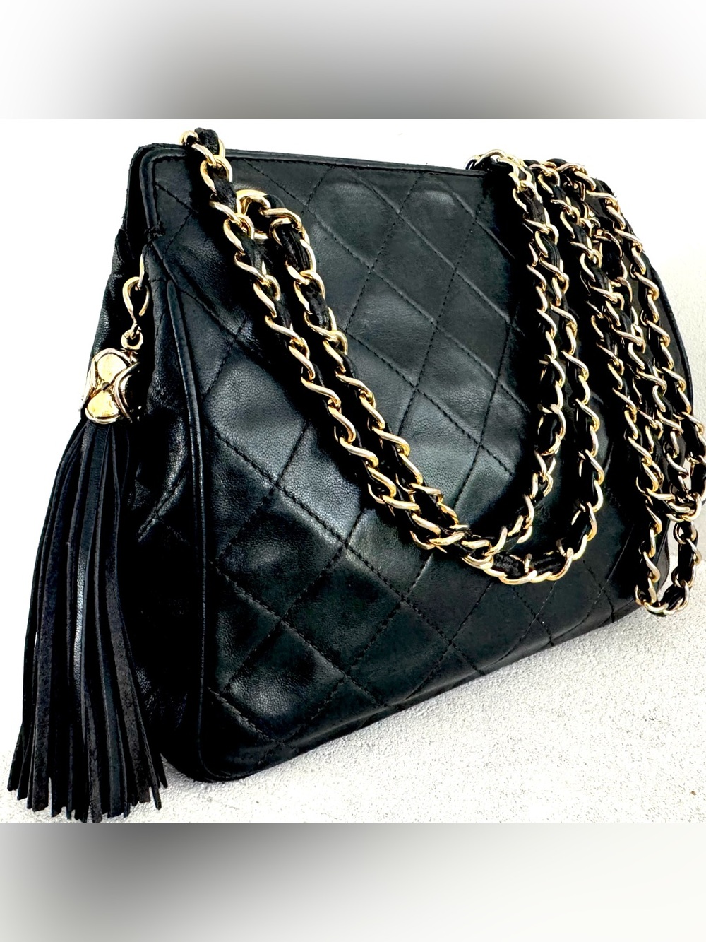 CHANEL Vintage Black Lambskin Tassel Chain Shoulder Bag 1 Series 24K GHW - Picture 2 of 14